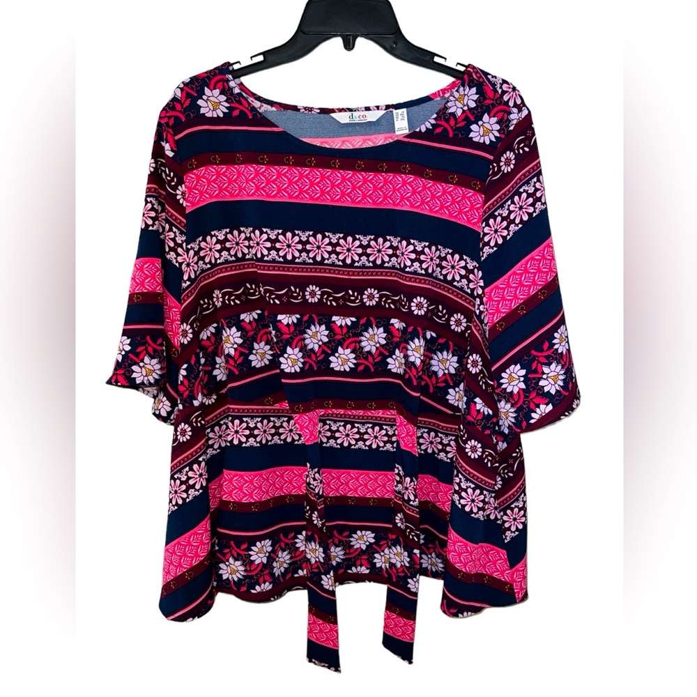 Denim & Company- Luxe Printed Elbow- Sleeve Tie- Waist Top Midnight Blue- 1X.